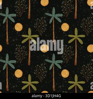 Ein lebhaftes und lebendiges Muster mit Palmen und minimalistischer Flora vor dunkler Kulisse. Handgezeichnetes nahtloses Muster zum Bedrucken von Textilien, Papier und Verpackungsmaterialien. Stockfoto