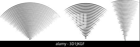 Signal für Line-Sound-Wellen eingestellt. Radialradio und Audio-Symbole für Musik. Gekräuseltes Radar-Vibrationselement-Schildbündel. Schwarzes Linearpaket mit gekrümmtem Impuls. Echokardiographie-Symbole. Vektor Stock Vektor