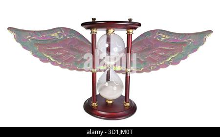 Die Zeit fliegt mit einer altmodischen Holz- und Glas-Sanduhr, um die Zeit mit Flügeln zu erzählen Stockfoto