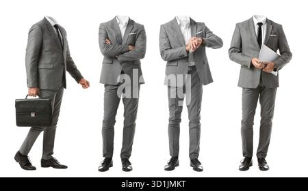 Ein Geschäftsmann ohne Kopf trägt einen grauen Anzug auf weißem Hintergrund Stockfoto