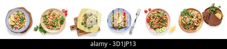 Set köstlicher Tabbouleh auf weißem Hintergrund, Draufsicht Stockfoto