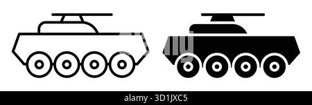 Schwarz-weiß-Symbole mit gepanzerten Militärfahrzeugen mit Panzern. Diese stilisierten Grafiken repräsentieren moderne Kriegsführung und Militärlogistik. Stock Vektor