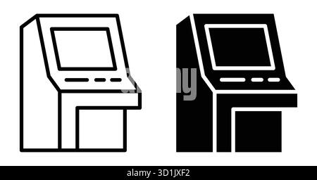 Dieses Bild zeigt zwei Arcade-Spielautomaten im Schwarz-weiß-Stil. Die Maschinen sind umrissen und repräsentieren Vintage-Gaming-Technologie im Retro-Look Stock Vektor