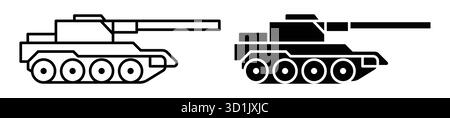 Dieses Bild zeigt zwei minimalistische Abbildungen von Militärpanzern in Schwarz-weiß. Ideal für Grafikdesign-Projekte im Zusammenhang mit Krieg und Milita Stock Vektor