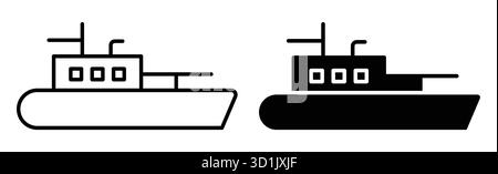 Diese minimalistischen Tugboat-Illustrationen sind in Schwarz-weiß gehalten und eignen sich ideal für verschiedene Grafikprojekte, darunter nautische Themen, Ikonen und Kreationen Stock Vektor