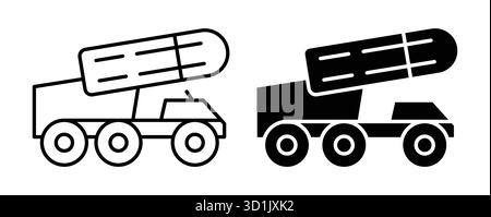 Diese Grafik zeigt zwei Versionen eines Militärfahrzeugs mit einem Raketenstartsystem, eine in Umrissen und eine in solidem Design, das die Verteidigung darstellt Stock Vektor