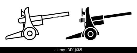 Eine detaillierte Illustration im Cartoon-Stil zeigt eine Kanone in Schwarz-weiß-Variationen. Perfekt für militärische Themen, Geschichtsprojekte und künstlerische Desi Stock Vektor