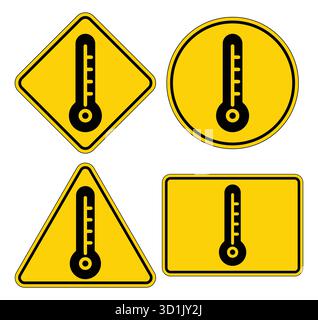 Eine Sammlung von Warnschildern für Thermometer, die in vier verschiedenen Formen angezeigt werden. Jedes Schild verfügt über eine Temperaturanzeige, die das Sicherheitsbewusstsein in V betont Stock Vektor