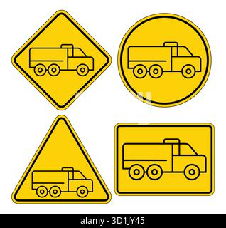 In dieser Kollektion werden LKW-Symbole in verschiedenen Formen angezeigt, darunter Diamanten und Kreise, alle in Gelb, perfekt für Transportwarnungen Stock Vektor