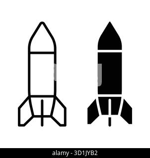 Dieses Bild zeigt ein Doppeldesign von Raketen, eine in Umrissen und die andere in Schwarz. Ideal für Themen im Zusammenhang mit Raumfahrt, Technologie und Innovation Stock Vektor