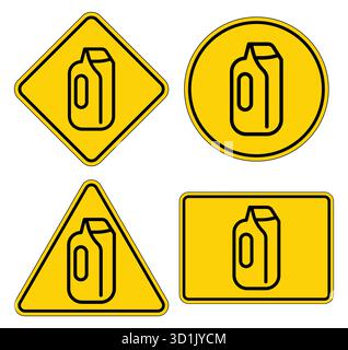 Set aus vier Warnschildern mit einem Kraftstoffbehältersymbol auf gelbem Hintergrund. Ideal für die Sicherheitskommunikation in verschiedenen Branchen und Dienstleistungen. Stock Vektor