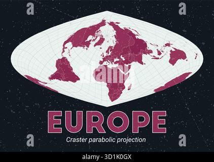 Europa. Weltkarte. Craster Parabolprojektion mit Schwerpunkt auf Europa. Palette Pale Mint Dark Pink. Vintage-Textur. Moderne Vektorillustration. Stock Vektor