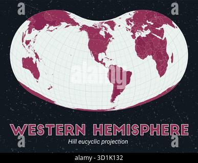 Westliche Hemisphäre. Weltkarte. Hill euzyklische Projektion zentriert auf die westliche Hemisphäre. Palette Pale Mint Dark Pink. Vintage-Textur. Stock Vektor
