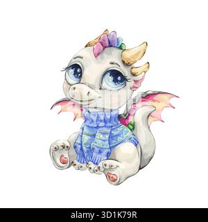 Ein süßer Drache sitzt in einem Strickpullover. Aquarell. Stockfoto