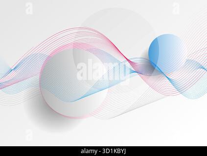 Blaue und rosa wellige Linien mit Kreisen abstrakter minimalistischer eleganter Hintergrund. Vektorgrafik Stock Vektor