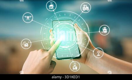 Das Konzept der intelligenten Landwirtschaft revolutioniert die moderne Landwirtschaft. Durch den Einsatz von Innovation und Automatisierung verbessert dieser Ansatz für eine intelligente Landwirtschaft die Effizienz Stockfoto