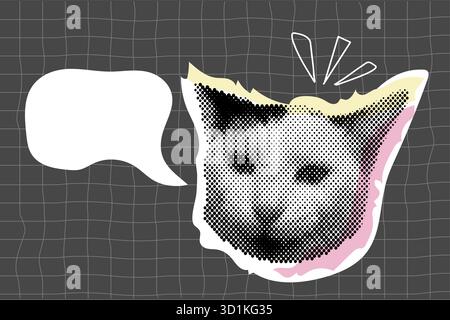 Collage-Sticker-Set für Katzen, trendiges y2k-Retro-Haustier, funkiges Emoticon-Tier, Pop-Ästhetik. MEME-Kopf mit Sprachblase. Lustiges Kätzchen. Vektorabbildung Stock Vektor
