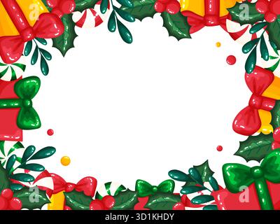 Ein farbenfroher und fröhlicher Weihnachtsvektor-Hintergrund mit einer dichten festlichen Grenze. Der Rahmen enthält Geschenkboxen mit Schleifen, stechpalmenblättern und rotem Be Stock Vektor