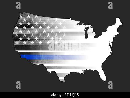 Grunge-amerikanische Karte mit schwarz-weißer USA-Flagge und blauem glattem Streifen. Amerikanische Polizei Zeichen Vektor abstrakter Hintergrund Stock Vektor