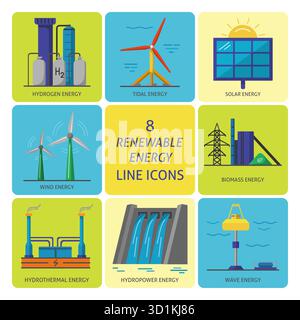 Sammlung von farbigen quadratischen Symbolen für erneuerbare Energien. Verschiedene Arten ökologischer Stromquellen in flachen Symbolen. Stock Vektor