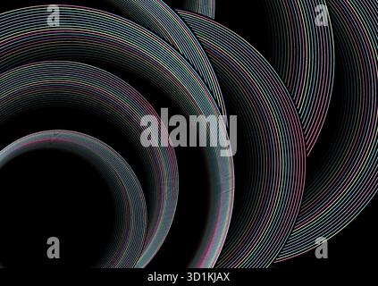 Schwarze Kreise mit farbenfrohen holografischen Linien, abstraktem Hintergrund. Vektor-elegantes Retro-Design Stock Vektor