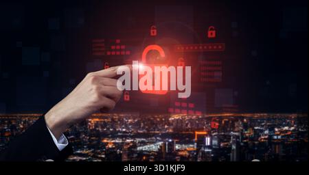 Digitales Sicherheitskonzept, das einen Cybersicherheitsverstoß veranschaulicht, mit einem roten, freigeschalteten Vorhängeschloss, das die Datensicherheit in sicheren Systemen anzeigt Stockfoto