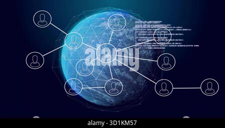 Anzeige von 3D-Globus, die sich im Cyberspace dreht, mit Mesh-Overlay, das Avatarsymbole und Code-Snippet verbindet Stockfoto