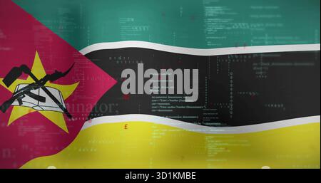 Schwenkende mosambikanische Flagge mit Binärcode im Cyber-Hintergrund, mit Gewehrhacke-Buch und Stern Stockfoto