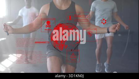 Springender Mann trägt ein schwarzes Tanktop mit drei Sprungseilen im Fitnessstudio, rote digitale Grafik Stockfoto