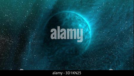 Leuchtender türkisblauer Planet mit wirbelnden Mustern im Weltraum, mit Nebel und Sternenfeld Stockfoto