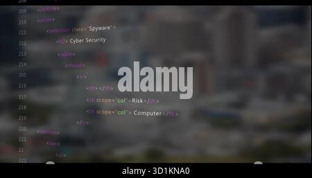 Code-Editor wird auf dem Bildschirm mit Zeilennummern und Syntax-Hervorhebung über unscharfer Skyline angezeigt Stockfoto