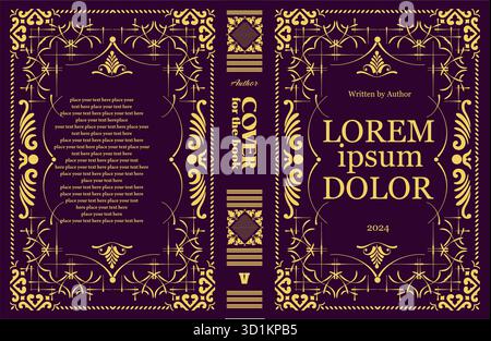 Bucheinband mit verzierten Gold- und Violettfarben und eleganten dekorativen Elementen. Handgezeichnete Abbildung Stock Vektor