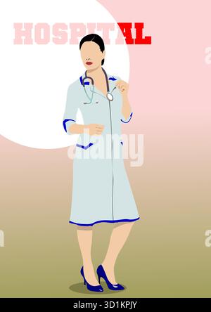 Die Ärztin steht, während sie einen Labormantel trägt und ein Stethoskop in einem Krankenhaus hält. Handgezeichnete Abbildung Stock Vektor