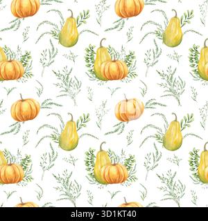 Aquarellmuster von Kürbissen zwischen grünen Wiesengräsern und Ohren auf isoliertem Hintergrund. Handgezeichnet Herbst orange grün verziert Stockfoto