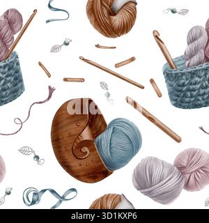 Nahtloses Muster, das dem Hobby des Häkelns gewidmet ist, mit Zubehör wie Haken, gewebtem und hölzernem Korb, Garnkugeln, Maßband, Produktetiketten und Stockfoto