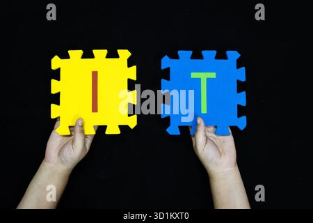 IT-Konzeptzeiger für Informationstechnologie mit hellen Buchstabensteinen Stockfoto