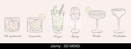 Vintage-Cocktail-Glas-Set mit Doodle für Barmenü, Wandbilder in der Küche oder soziale Medien im handgezeichneten Retro-Stil. Niedliche Umrissdarstellung eines Klassikers Stock Vektor