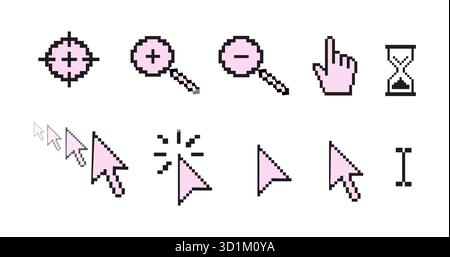 Pixel-Cursor- und Zeigersymbole im Retro-Stil. Minimale gepixelte Symbole für Mauspfeil, Hand, Sanduhr, Lupe und Text für Web und Apps Stock Vektor
