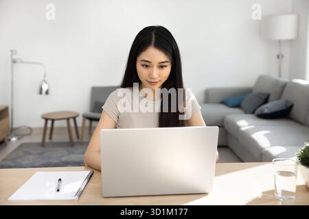 Zielgerichtete Chinesin, die zu Hause per Fernzugriff auf einem Laptop arbeitet Stockfoto