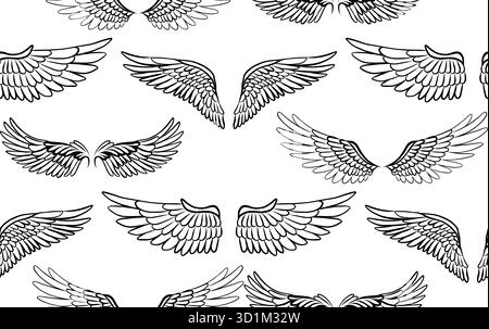 Vektormuster der schwarzen Kontur Engelsflügel auf weißem Hintergrund. Textur mit handgezeichneten, detaillierten Federn. Ideal für Tapeten, Bedruckungen und Fantasy-Stoffe Stock Vektor