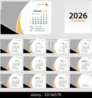 Schreibtischkalender mit Vorlage 2026. Vektorabbildung. Stock Vektor