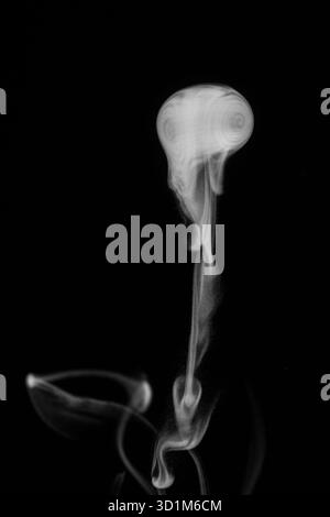 Nahaufnahme von Weißwasserdampf mit Sprühnebel aus dem Luftbefeuchter. Isoliert auf schwarzem Hintergrund. Dampfrauch auf schwarzem Hintergrund. Weißer Fantasy-Rauch. Stockfoto