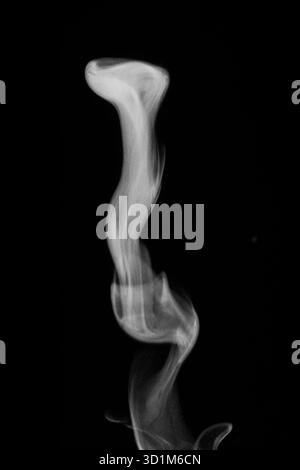 Nahaufnahme von Weißwasserdampf mit Sprühnebel aus dem Luftbefeuchter. Isoliert auf schwarzem Hintergrund. Dampfrauch auf schwarzem Hintergrund. Weißer Fantasy-Rauch. Stockfoto