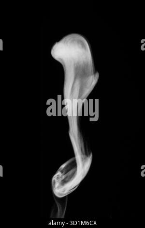 Nahaufnahme von Weißwasserdampf mit Sprühnebel aus dem Luftbefeuchter. Isoliert auf schwarzem Hintergrund. Dampfrauch auf schwarzem Hintergrund. Weißer Fantasy-Rauch. Stockfoto