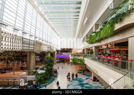 Besucher navigieren durch das geräumige Interieur des Flughafens Changi mit zeitgenössischem Design, großen Fenstern, Grün und lebhaften Essbereichen. Stockfoto