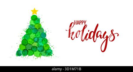Hellgrüne Aquarellflecken handgezeichneter Weihnachtsbaum. „Happy Holiday“-Schriftzug. Entwerfen Sie Weihnachtsgrußkarte Einladungen zur frohen Weihnachten Stock Vektor