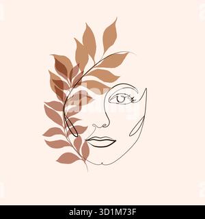 Abstrakte minimalistische lineare Skizze. Weibliches Gesicht. Vektor-Illustration Handzeichnung mit Pflanzenblättern. Zeichnungsfläche mit einer Linie. Moderne Minimalismus-Kunst Stock Vektor