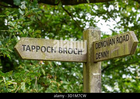 Hölzerner Schild nach Tappoch Broch und Denny, Torwood, Falkirk, Schottland Stockfoto