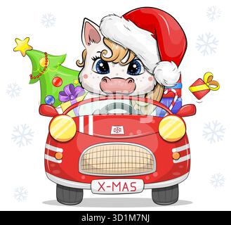 Niedliches rotes Cartoon-Auto mit Pferd, Geschenken und Weihnachtsbaum. Vektor-Illustration des Neujahrs auf weißem Hintergrund. Stock Vektor