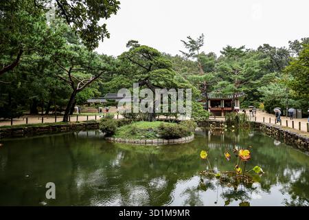 SEOUL, SÜDKOREA - 11. OKTOBER 2025 - traditioneller koreanischer Garten mit Teich und Pavillon in Seoul, Südkorea Stockfoto